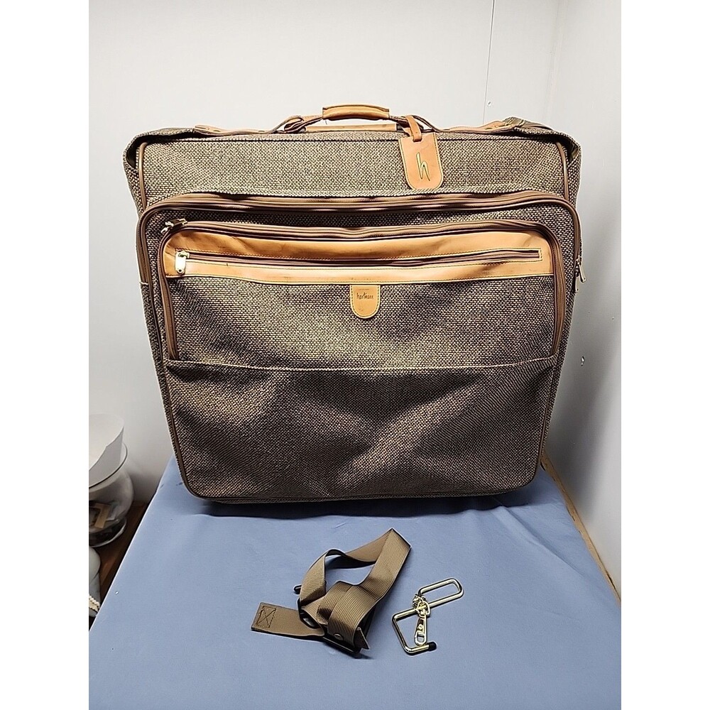 Vintage Hartmann Script Logo Tweed 24" Rolling Garment Bag Leather Trim EUC